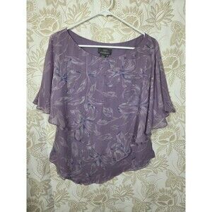 PAPELL DRESS BARN 100% SILK LILAC FLORAL BEADED LINED PONCHO BLOUSE SZ 12 EUC